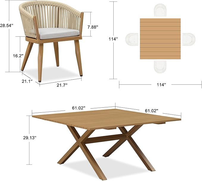 PURPLE LEAF 5 Pieces Oversized Square Outdoor Dining Set with Patio Aluminium Dining Table and Wicker Chairs Modern Furniture Cushions Sets for Backyard Indoor Decor Kitchen Teak