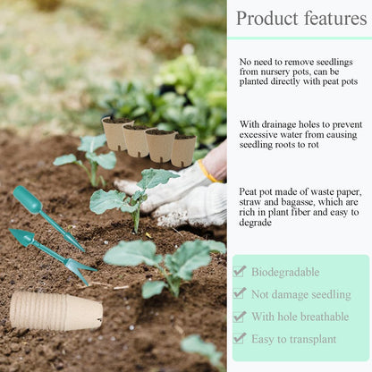50Pcs Biodegradable Seedling Pots Seed Starter Kit 3.15 Inch Round Peat Pot with Drainage Holes, Plant Labels, Seedling Pickers & Garden Shovels