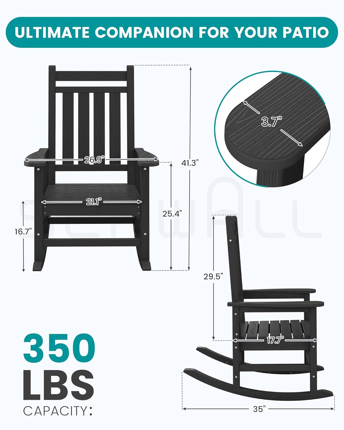 SERWALL Oversized Outdoor Rocking Chair Set of 4, HDPE Rocker for Adults, Patio Rocking Chairs for Porch, Black