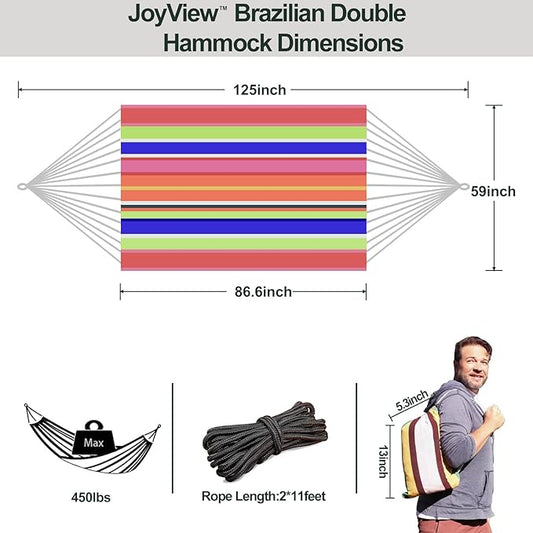 JoyView Brazilian Double Hammock with Hanging Ropes Extra Large 86.6x59” Portable Cotton Hammock for Patio Backyard Porch 450LBS Weight Capacity Perfect for Outdoor/Indoor - Color Stripes