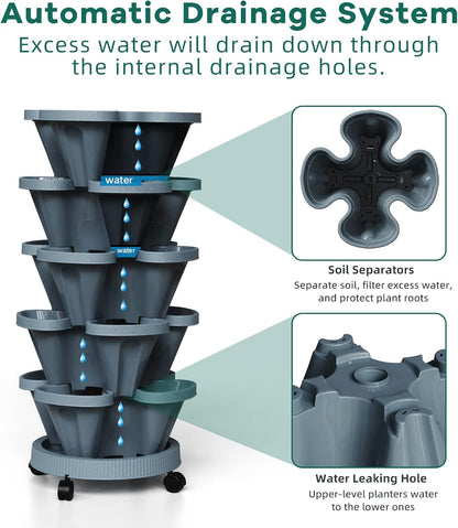 Strawberry Vertical Planters Tower Garden 2 Pack, 5 Tier Stacking Planter with Support Pole, Stackable Herb Planters Indoor Outdoor Dark Grey