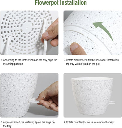 12/10/9 inch Large Self Watering Pots, Plant Pots with Mesh Drainage Holes for Indoor Outdoor Garden Plants, Flower Pots with Deep Reservoir, Set of 3 Plastic Planters, Specked White