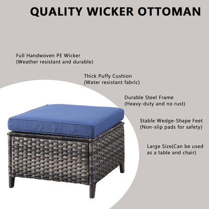 Outdoor Wicker Patio Furniture Set - 6 Piece Rattan Patio Conversation Set with 2 Rocking Swivel Chairs,2 Ottomans,1 Sofa and 1 Side Table for Porch Deck Backyard Garden(Mixed Grey/Blue)