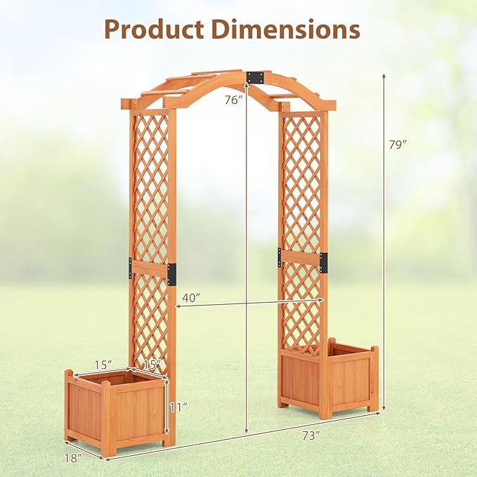 Giantex Garden Arbor with Planter Boxes, Wooden Arch with Trellis and Raised Garden Bed for Climbing Vine Plants Vegetables Herbs, Decorative Arbor Archway for Wedding, Ceremony, Party (Orange)