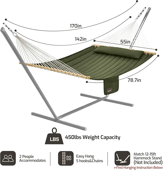 Double Quilted Fabric Hammock with Hardwood Spreader Bars and Pillow 450 LBS Capacity 2 Person Large Hammock for Outdoor Patio Backyard Poolside - Green