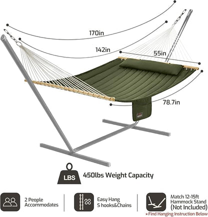 Double Quilted Fabric Hammock with Hardwood Spreader Bars and Pillow 450 LBS Capacity 2 Person Large Hammock for Outdoor Patio Backyard Poolside - Green