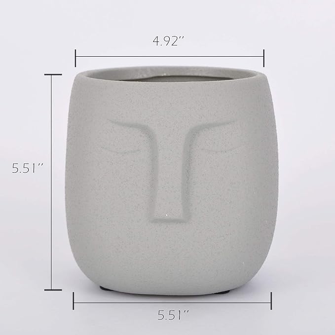 VanEnjoy 5.5 Inches Grey Ceramic Head Face Planter Pot for Plants, Modern Indoor Outdoor Vase, Face Statue Plant Pot for Home Decoration
