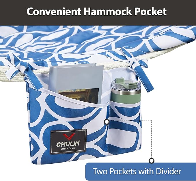 Outdoor Double Hammock with Hardwood Spreader Bars, Large Rope Hammock with Polyester Pad and Pillow, 475 LBS Capacity for 2 Person Patio Backyard Poolside - Blue Printing