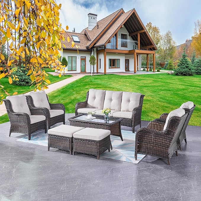 Rilyson Wicker Patio Furniture Chairs Set - 8 Piece Rattan Outdoor Patio Sectional Conversation Sets with 1 Sofa,4 Armrest Chairs,1 Coffee Table and 2 Ottomans for Porch Deck Garden(Brown/Beige)