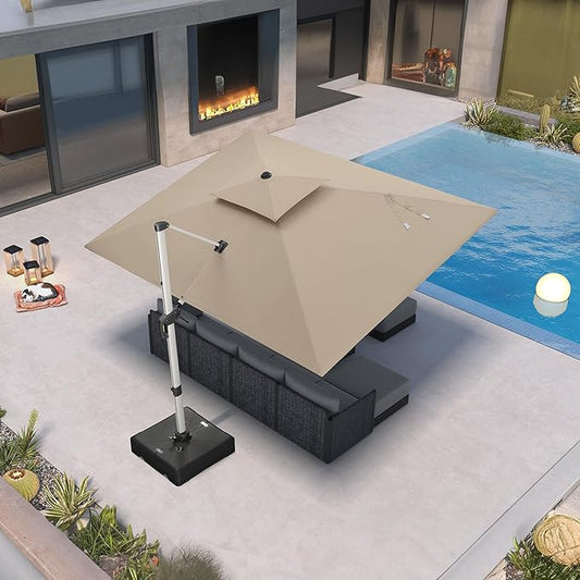 PURPLE LEAF 9' X 12' Cantilever Outdoor Patio Umbrella Large Heavy Duty 360° Rotation Double Top Offset Rectangular Umbrellas for Backyard Deck Pool, Spectrum Sand