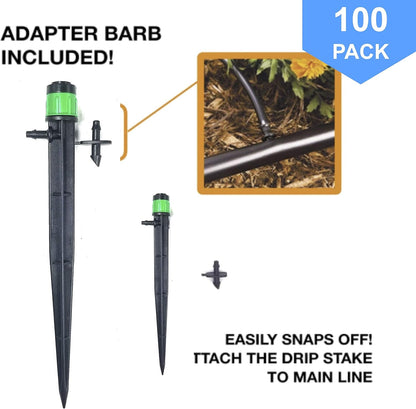 (100-PACK) - 1/4" Inch 360 Degree Drip Emitter On 5" Stake Sprayer Adjustable Flow 0-20 GPH, Fits 1/4 (4-6mm) Irrigation Tubing - Micro Bubbler Drippers for Drip Irrigation (100 Pack Dripper on Stake)