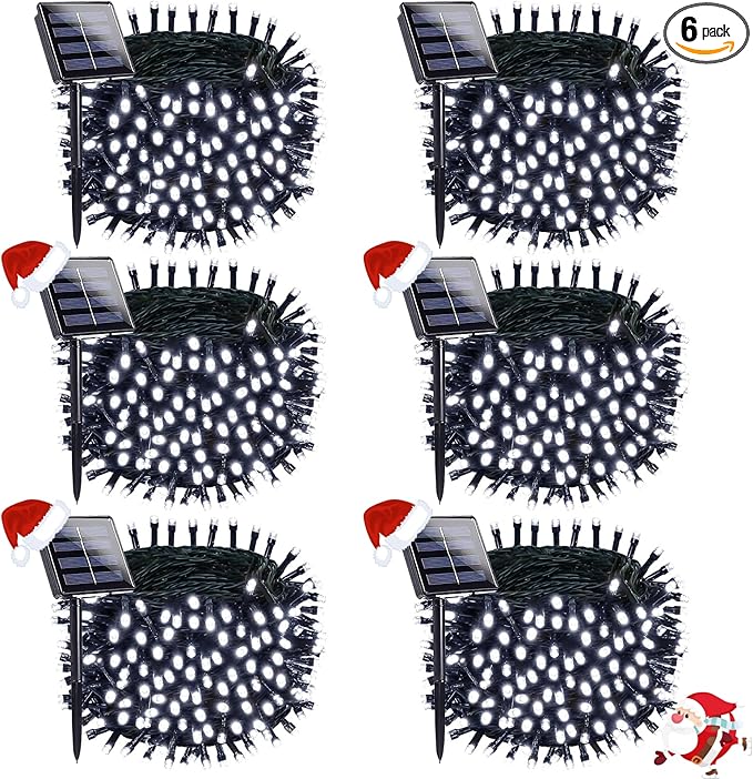 OZS 6 Pack 480LED Solar Christmas String Lights Outdoor, Waterproof 8 Modes Solar Tree Light, Green Wire Christmas Lights Outdoor for Garden, Party, Wedding, Christmas Decorations (Cool White)