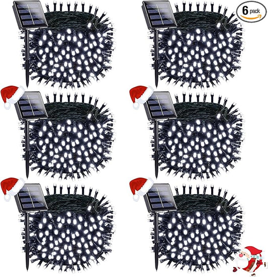 OZS 6 Pack 480LED Solar Christmas String Lights Outdoor, Waterproof 8 Modes Solar Tree Light, Green Wire Christmas Lights Outdoor for Garden, Party, Wedding, Christmas Decorations (Cool White)