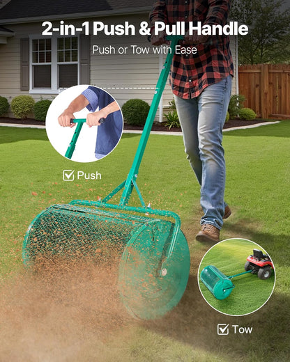 VEVOR Compost Spreader, 24 in Wide Peat Moss Spreader with Push/Tow Handle, 4 Heights Adjustable, Powder-Coated Steel Garden Peat Moss Roller, Heavy Duty Grass Seed Spreaders for Planting Seeding