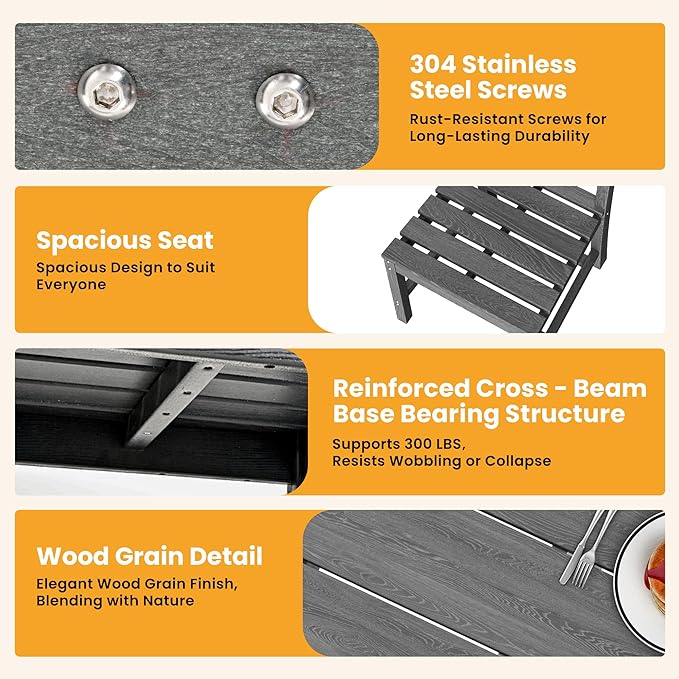 Pamapic 5 PCS Round Outdoor Dining Set, HDPE Outdoor Table and Chairs with 105° Ergonomic Backrest, Wood Grain Patio Dining Table with Umbrella Hole, Gray