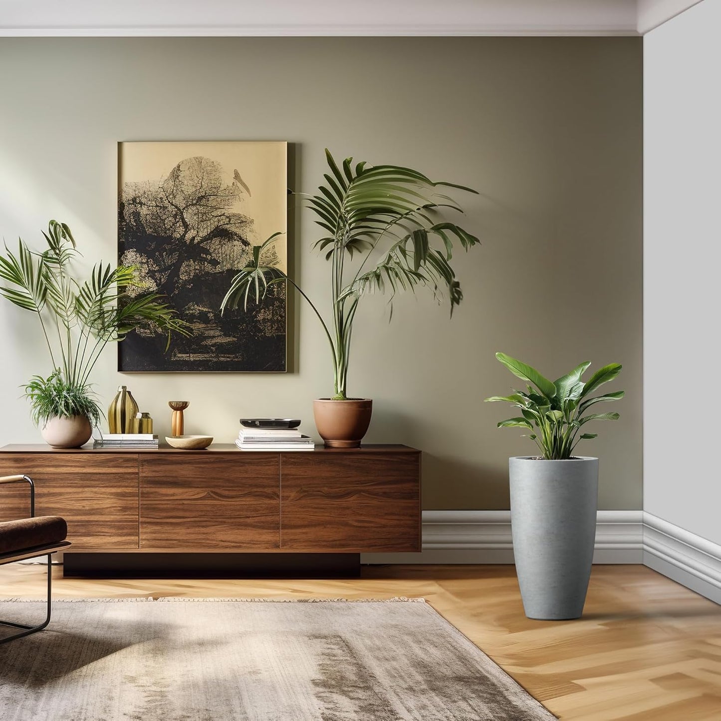 Kante 23.6" H Natural Concrete Tall Planters (Set of 2), Large Outdoor Indoor Decorative Plant Pots with Drainage Hole and Rubber Plug, Modern Style for Home and Garden