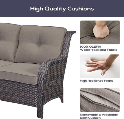 Outdoor Sectional Furniture Sofa Set with Propane Fire Pit Table, Wicker Patio Conversation Set with 2 Swivel Rocker Glider Chairs Grey Cushion Perfect for Backyard Casual Gathering