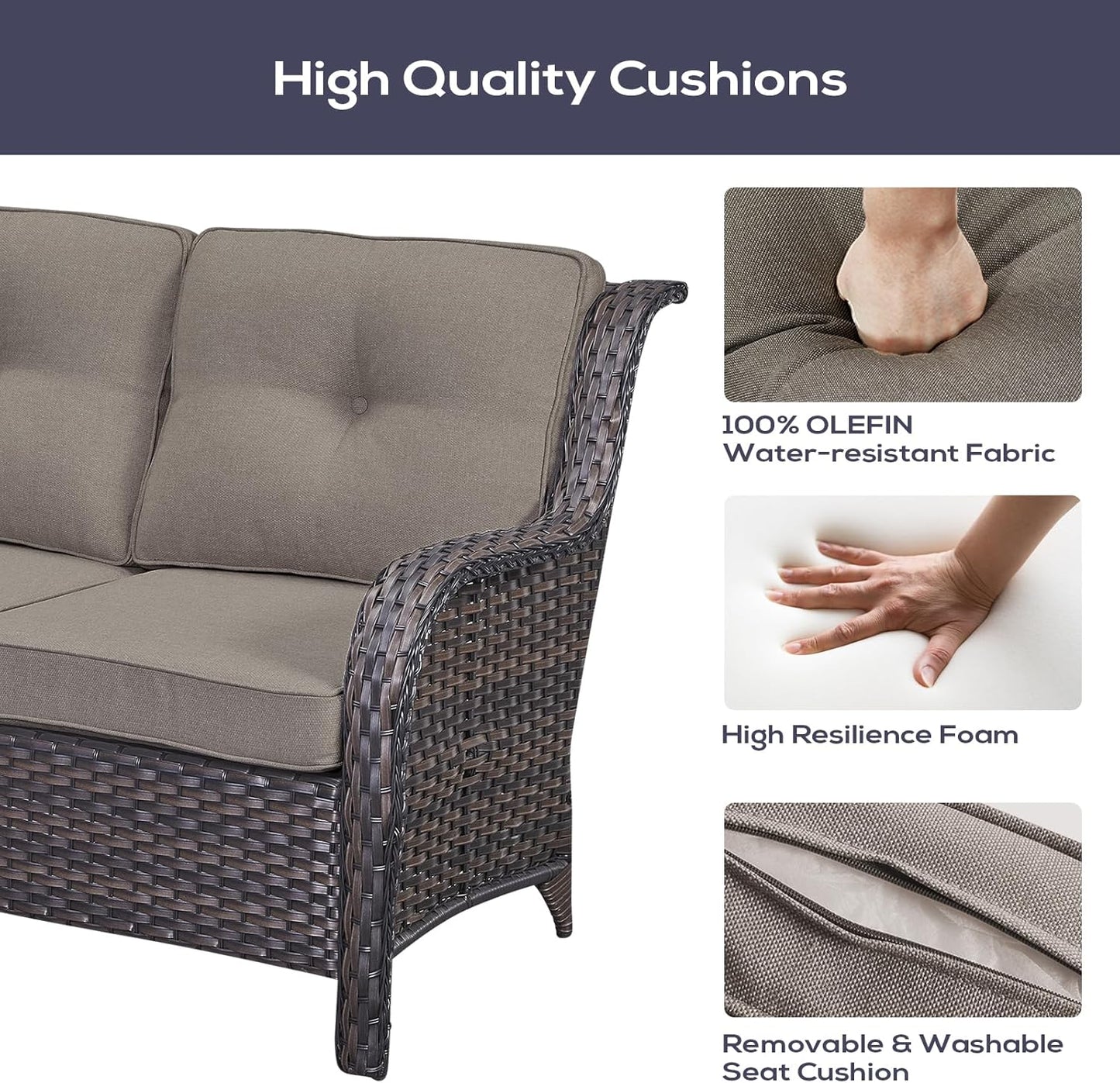 Outdoor Patio Furniture Set with 50000BTU Propane Fire Pit Table, 4 Pieces Wicker Patio Conversation Set with 2 Swivel Rocker Glider Chairs Rattan Sofa Grey Cushion Perfect for Gathering