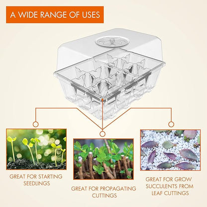 Gardzen 10 Pack Seed Starting Tray, Plant Germination Trays, Seed Starter Kit with Adjustable Humidity Vented Dome and Clear Base, Plant Growing Kit 6.6" x 4.5", Total 120-Cell, Clear