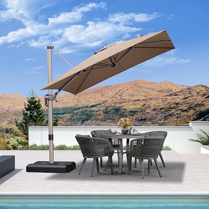 PURPLE LEAF 8' X 8' Patio Umbrella Outdoor Cantilever Umbrella, Aluminum Offset Umbrella with Champagne Frame and 360° Rotation for Pool Deck Garden, Taupe