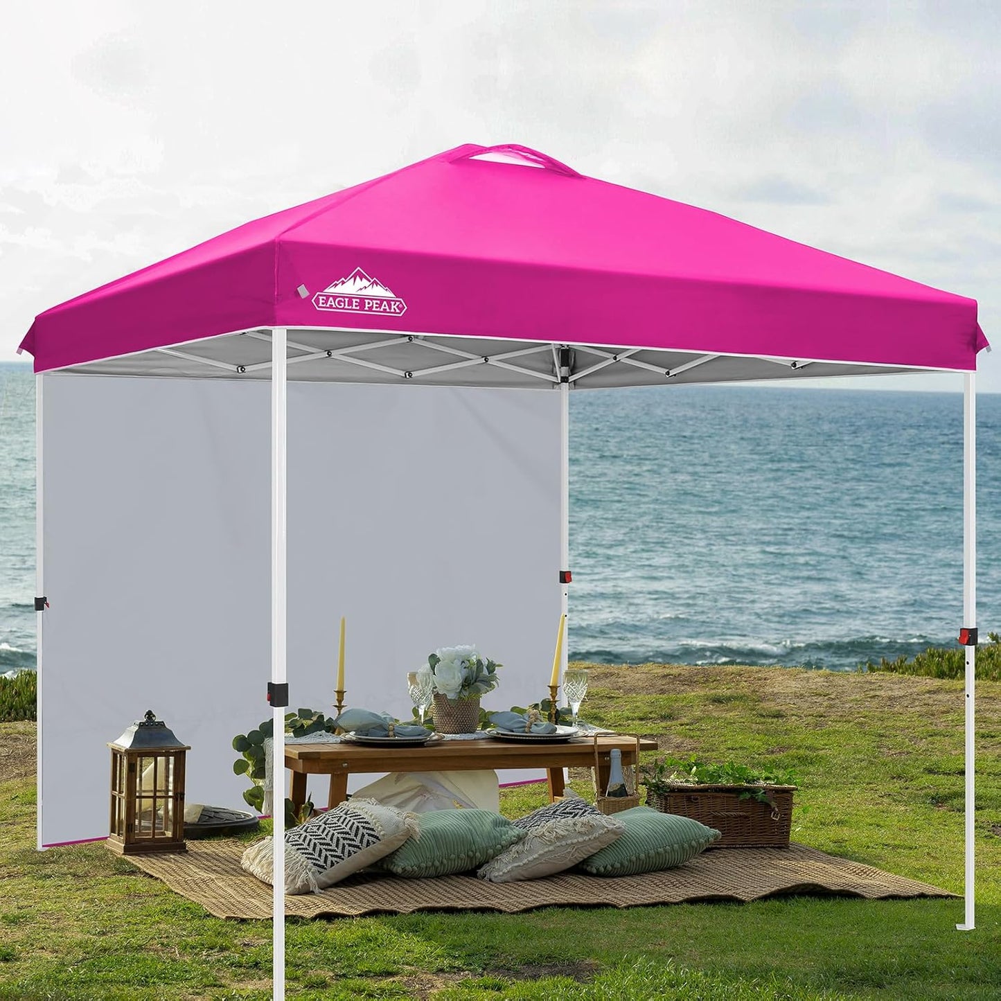 EAGLE PEAK Pop Up Canopy Tent with 1 Sidewall, Easy Setup Event Tent, Outdoor Sun Shade, Wheeled Carry Bag, Stakes and Guy Ropes, Instant Canopy 8x8, Pink