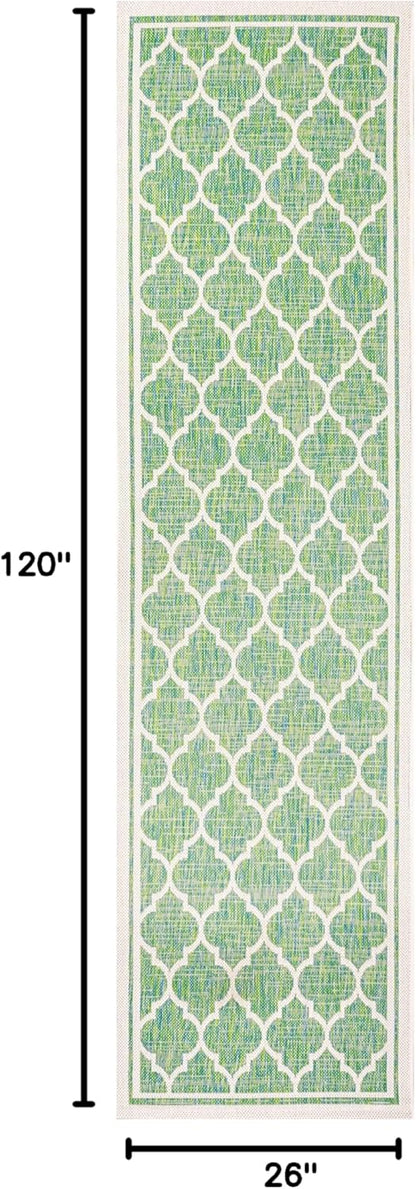 Eyely BMS109I-210 Santa Monica Trebol Moroccan Trellis Textured Weave Indoor/Outdoor Runner Rug Coastal;Bohemian, Bedroom, Backyard, Patio, Easy-Cleaning, Non-Shedding, 2 X 10, Cream/Green