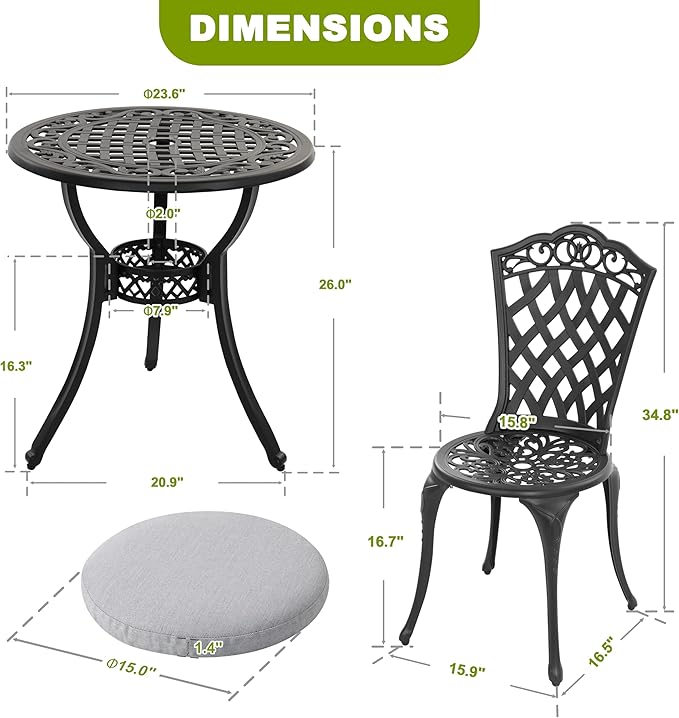 NUU GARDEN 3-Piece Patio Bistro Set, Outdoor Cast Aluminum Bistro Table and 2 Chairs with Gray Cushions and Umbrella Hole, Weather-Resistant Outdoor Furniture Set for Balcony, Lawn, Garden, Black