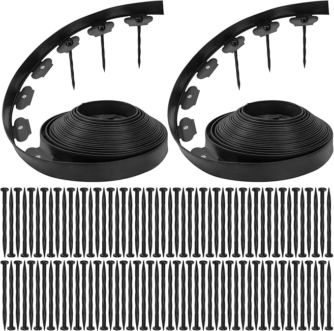 Bonviee 1.5 Inch x 66FT Garden Border Edging Kit with 100 Anchoring Spikes, Flexible Garden Edging for Landscaping, Flower Beds, Lawn, Yard, and Paver Pathways