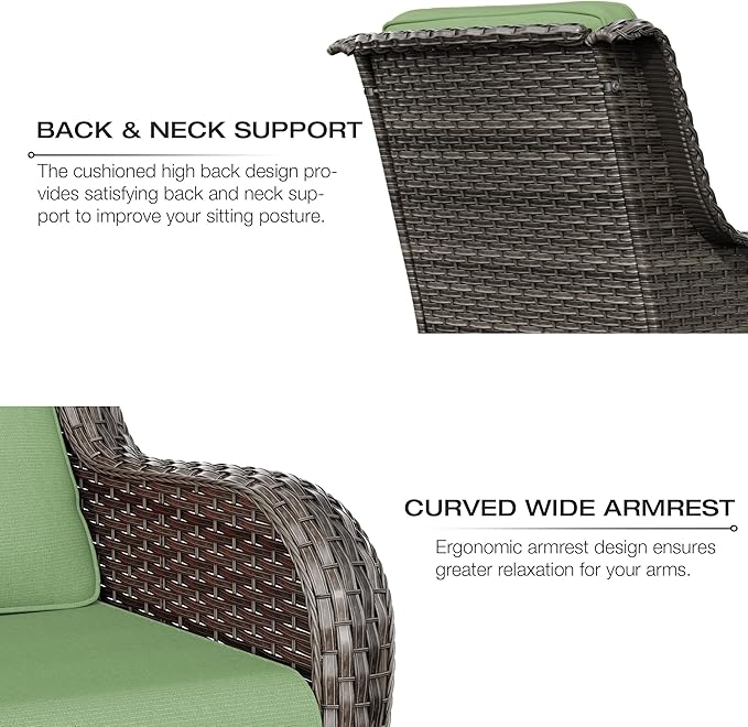 Joyside 5 Piece Outdoor Patio Furniture Set Wicker Conversation Bistro Set Swivel Rocking Chairs with Side Table and Ottomans for Backyard, Porch, Deck(Mixed Grey/Green)