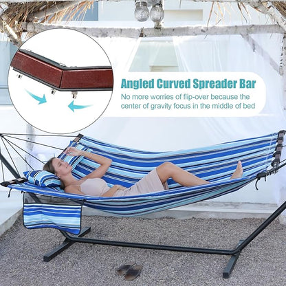 TegerDeger 12FT 2 Person Hammock Large Hammock 450LB Capacity with V Shaped Hardwood Spreader Bar & Nylon Rope for Outside, Patio, Garden, Backyard, Beach, Poolside - Blue Stripes