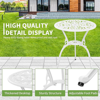 3 Piece Patio Set Outdoor Cast Aluminum Patio Bistro Table and Chairs Set of 2,All Weather Outdoor Bistro Sets with 1.97" Umbrella Hole for Front Porch Set,Garden(White)
