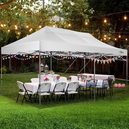 COBIZI 10x20 Heavy Duty Pop up Canopy Tent Easy Up Commercial Outdoor Canopy Wedding Party Tents for Parties All Season Wind & Waterproof Gazebo with Roller Bag,White(Frame Thickened)