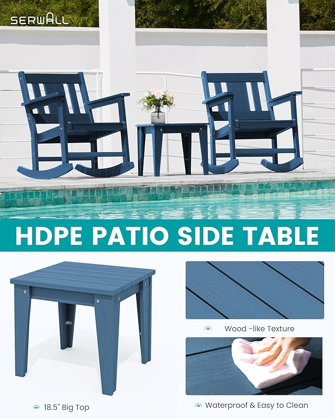 SERWALL 3 Piece Patio Rocking Bistro Set, Outdoor Bistro Set with Side Table, All Weather Outdoor Rocking Chair Set for Garden, Balcony, Backyard, and Porch- Blue