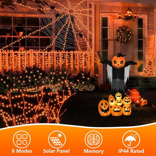 QITONG Orange Solar Halloween Lights Outdoor Waterproof, 2 Pack Each 66ft 200 LED String Lights, Silver Wire Orange Lights for Halloween with 8 Modes