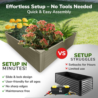 Raised Garden Bed - 4x4 ft Planter Box - Weathered Wood HDPE - No Tools Needed - DIY Kit for Urban Gardening, Flowers, Herbs & Vegetables - Made in The USA