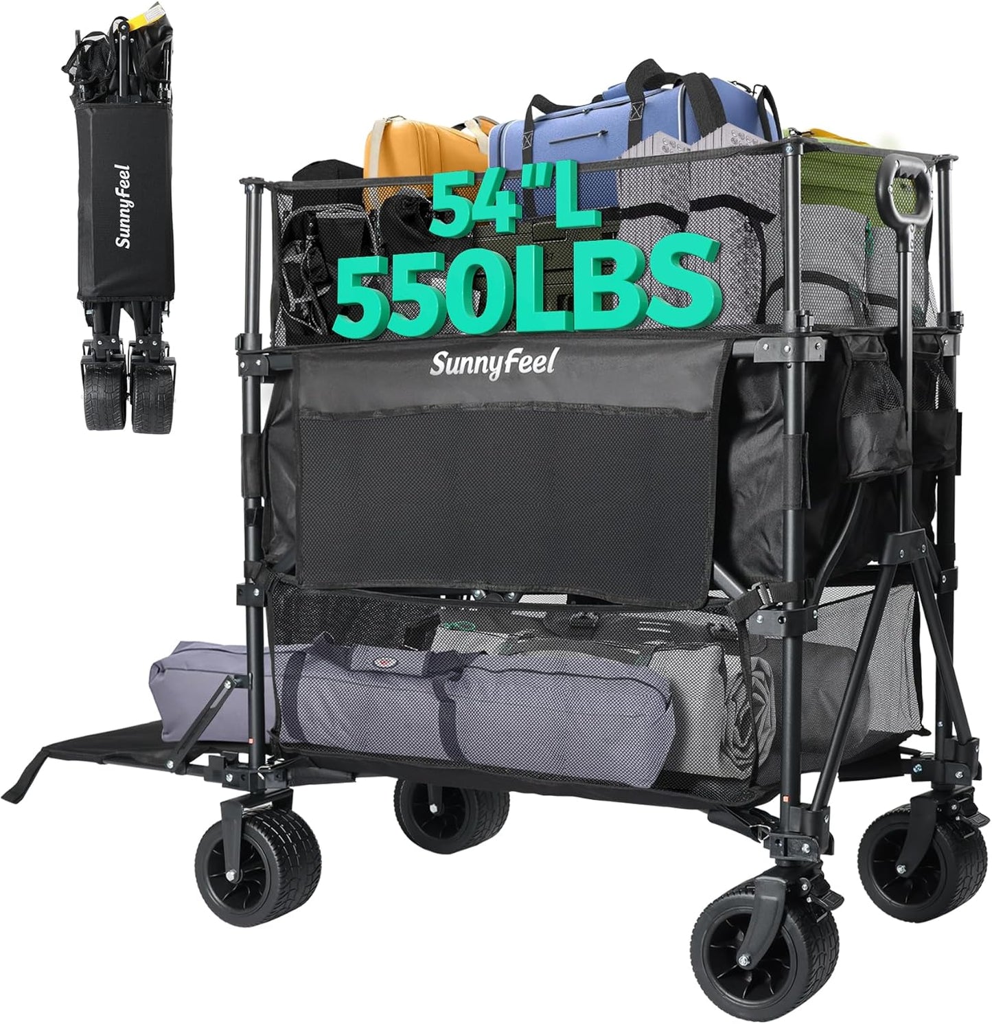 SUNNYFEEL 550L Large Capacity Folding Sports Wagon, 550LBS Heavy Duty Collapsible Cart,Extra High Extender Wagon Cart with Tailgate, All-Terrain Big Wheels for Camping Fishing & Outdoor Use，Black