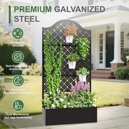 Metal Raised Garden Bed with Trellis, 79"x40"x11.8" Planter Box Outdoor with Privacy Screen Fence for Patio, Freestanding Garden Planter with Drainage Holes for Climbing Plants Flower Vegetable