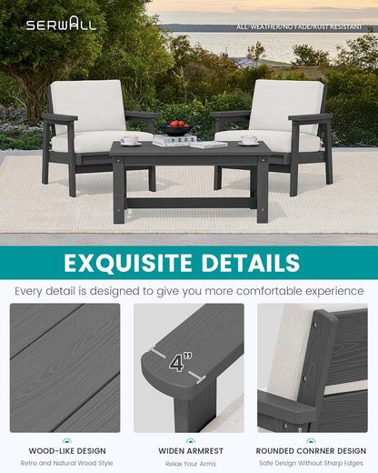 SERWALL HDPE Outdoor Couch Set of 2, All-Weather Wood-Like Outdoor Patio Furniture Set, Outdoor Sofa Chairs with Khaki Cushions