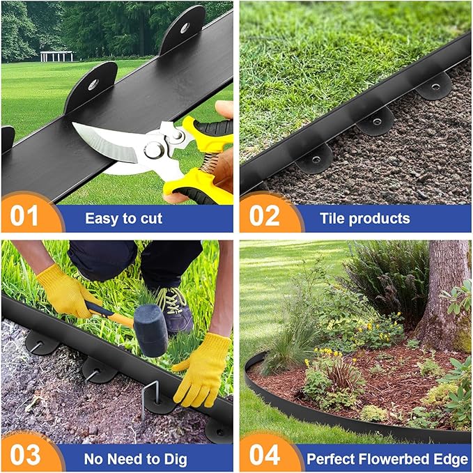 Landscape Edging, 1.5" x 60' Plastic Garden Edging with 60 Pcs Metal Spikes, Flexible Garden Border for Lawn, Landscaping, Flower Beds