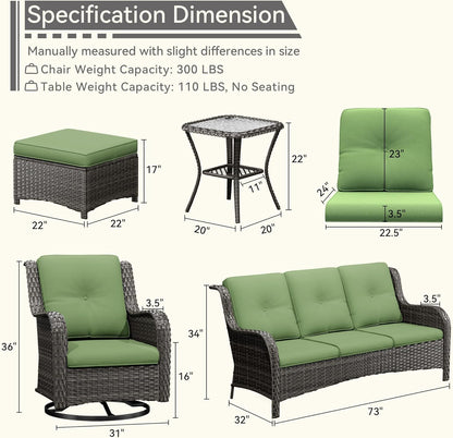 Wicker Patio Furniture Set 6 Piece, Outdoor Furniture Patio Conversation Set Includes 1 Three-Seat Sofa, 2 Swivel Rocker Chairs, 2 Ottomans and 1 Side Table,Green
