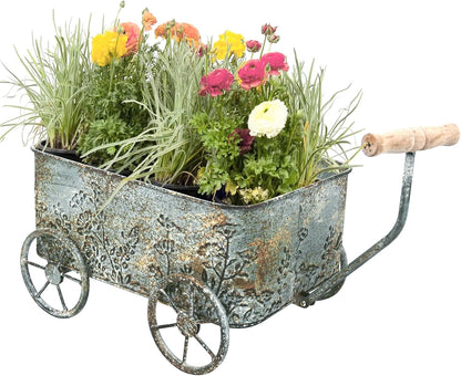 Flower Cart with Wooden Handles, Metal Wagon Planters for Outdoor Plants, Garden Planter with Wagon Wheels, Decorative Wheelbarrow, Plant Cart for Patio Garden Balcony (Blue)