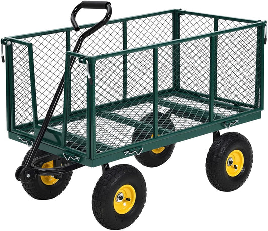 1100 Lbs Steel Garden Cart. Heavy Duty Metal Garden Wagon with 10" Wheels, Pullable Metal Garden Wagon with 180° Rotating Handle and Removable Sides for Farm, Yard