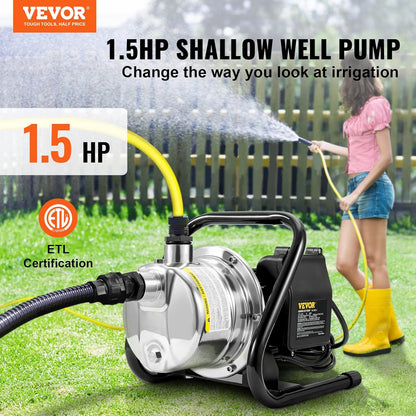 VEVOR 1.5 HP Portable Shallow Well Pump, 1200 GPH Garden Jet Pump, 115V, 164 ft Height, Stainless Steel Sprinkler Booster Pumps for Garden Lawn Irrigation system, Lake Fountain, Water Transfer