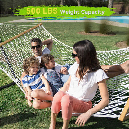 Double Hammock for 2 Person, Handwoven Cotton Rope Hammock with Spreader Bar Without Stand - Indoor & Outdoor Use for Patio, Poolside, Backyard (White)