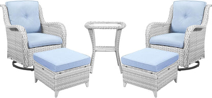 Outdoor Swivel Rocker Furniture 5 Pieces Patio Wicker Furniture Sets, Rattan Patio Swivel Glider Chairs with 2 Ottoman and Glass Side Table
