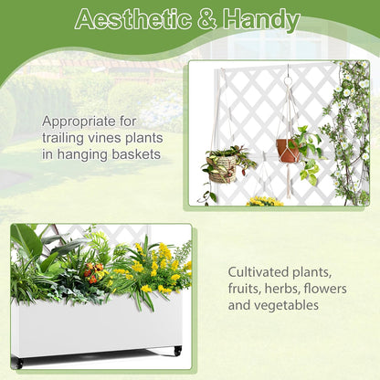 Metal Planter Trellis Box with Wheels & Drain Plug Outdoor Raised Garden Bed Patio Privacy Screen with Planter for Climbing Plants, Vegetables 73"x35"x16" White-Diamond