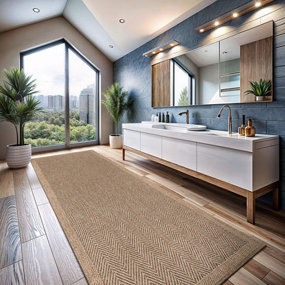 CAMILSON Indoor and Outdoor Runner Rug Natural Herringbone Seagrass Boho Design Easy-Cleaning Non Shedding Fiber Living Room Bedroom Garden Patio and Kitchen Washable Outside Carpet Alfombras (2x7)