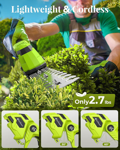 Hedge Trimmer Cordless with Battery, 2-in-1 Electric Handheld Grass Shear Cutter with 2 Pack Rechargeable Battery, Mini Bush Trimmer Kit for Garden Yard Lawn Pruning, Green