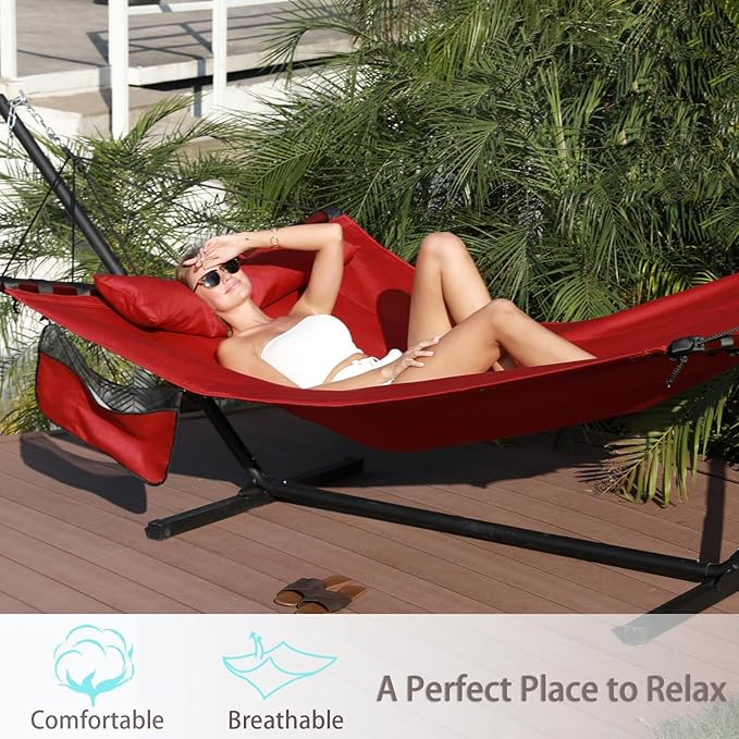 TegerDeger 12FT 2 Person Hammock with Stand Included 55 x 79IN Large Hammock 450LB Capacity with Hardwood Spreader Bar & Nylon Rope for Outside, Patio, Garden, Backyard, Beach - Red