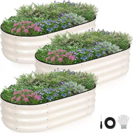 INNO STAGE 3Pcs Galvanized Raised Garden Bed Kit, Outdoor Metal Raised Garden Beds for Vegetables, Rust-Resistant & Easy Assembly, 4x2x1ft Oval Raised beds for Gardening, Flowers, Herbs (White)